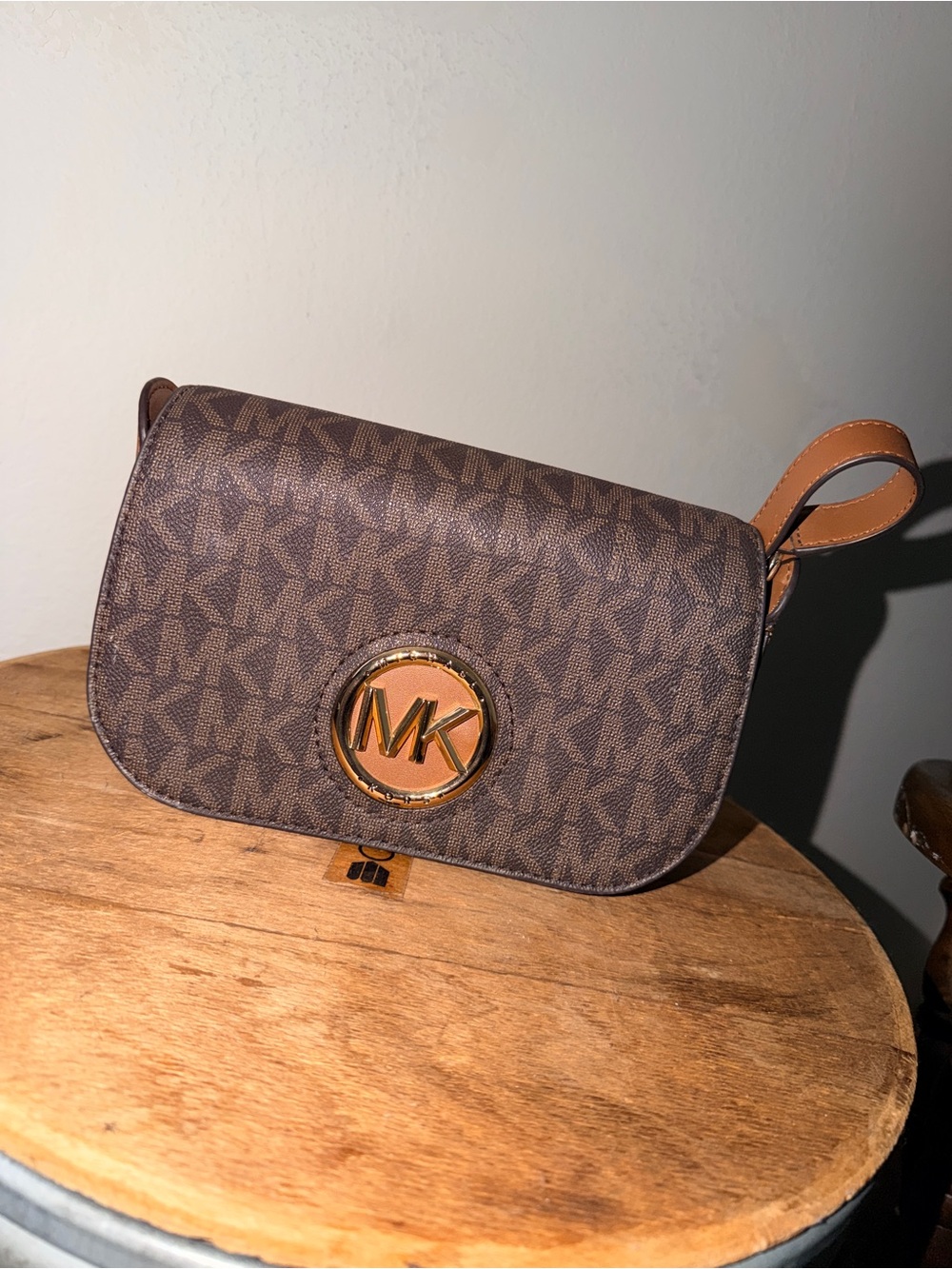 Michael Kors Brown MK Logo Monogram Crossbody with Tan Trim